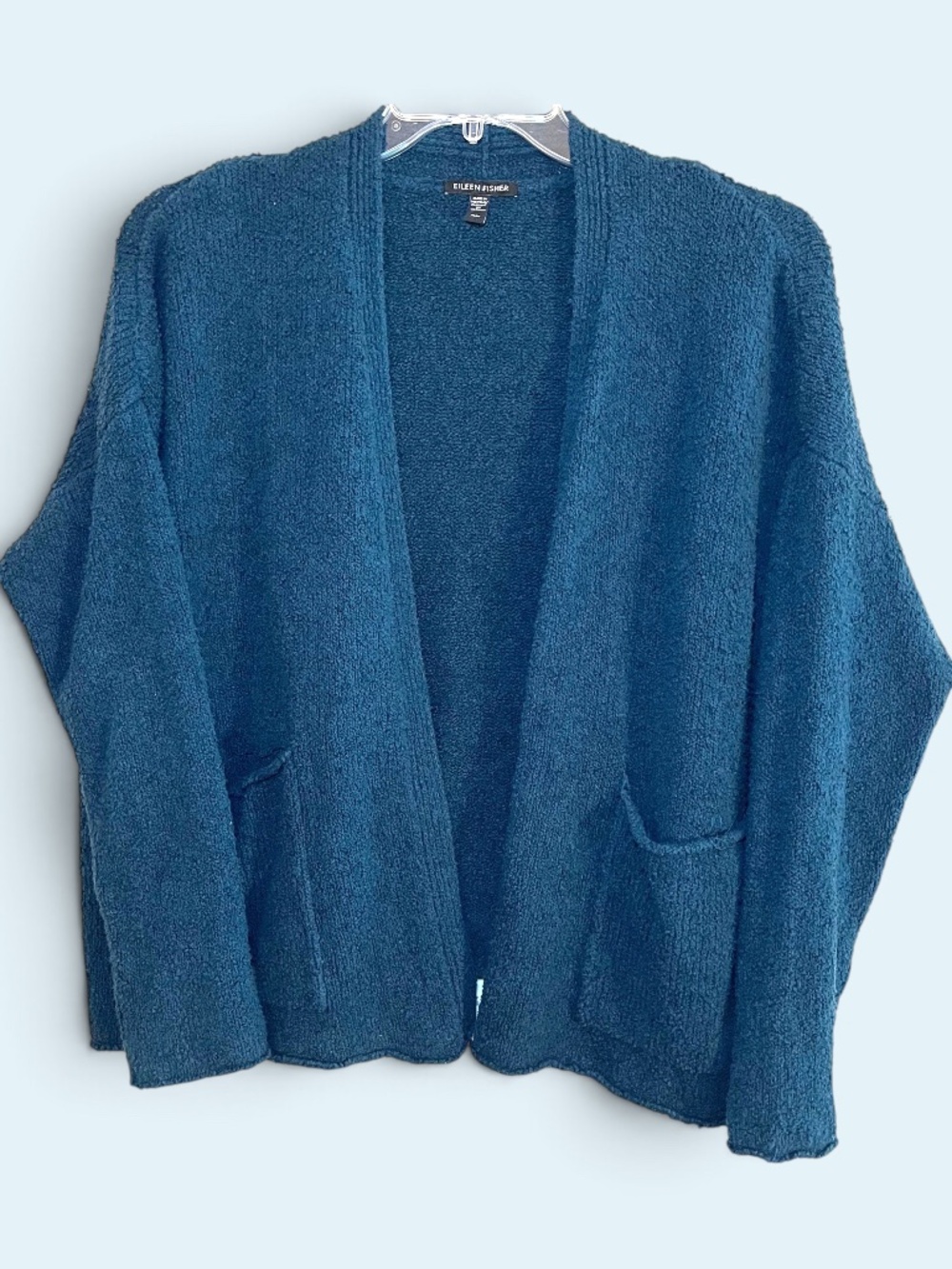 Eileen Fisher Deep Teal Open Front Cotton Cashmere Bouclé Cardigan Size M